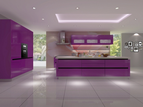Violet Metallic Lacquer Baked and Surface Wrapped Kitchen Cabinets